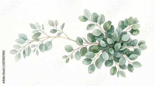 A delicate eucalyptus branch with green leaves extends on a plain background.