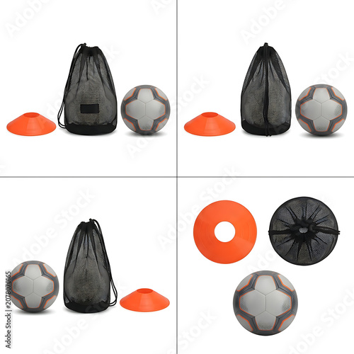 Soccer training equipment set with dribbling ball and marker cones, gear for soccer drills, training