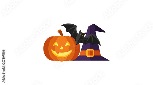 Halloween Festive Icons Set with Jack O Lantern Pumpkin, Witch Hat and Flying Bat