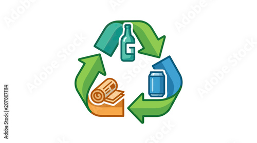 Recycling Symbol with Glass Bottle, Aluminum Can, and Newspaper