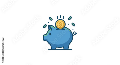Minimalist Blue Piggy Bank Icon with Gold Coin Vector Illustration