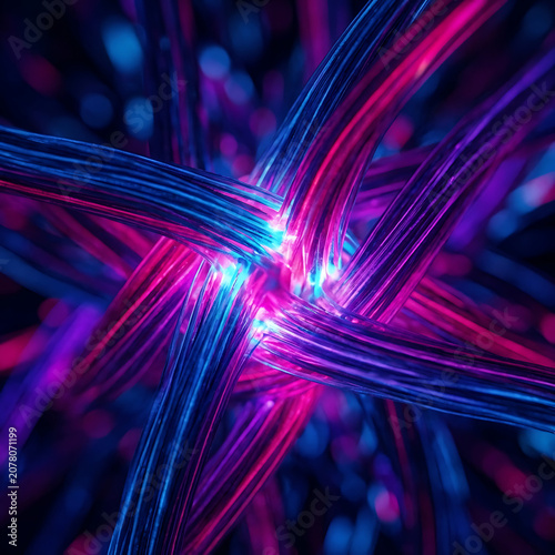 Abstract intersecting fiber optic strands creating neon blue and pink light patterns with abstract