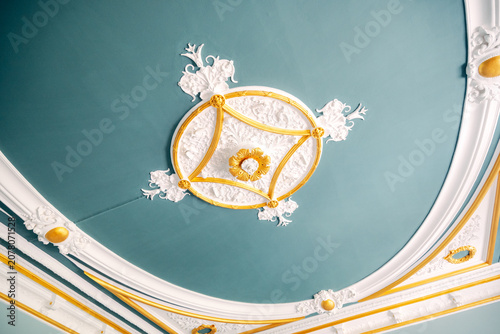 Elegant Ornamental Stucco Ceiling in a Historic Building, Intricate Plasterwork Details in Soft Natural Light
