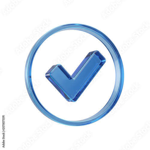 Blue checkmark icon, verification symbol, glossy blue button, confirmation sign isolated on Transparent Background