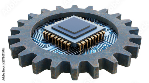 Rusty metal gear surrounding a microchip on a circuit board, isolated on transparent background