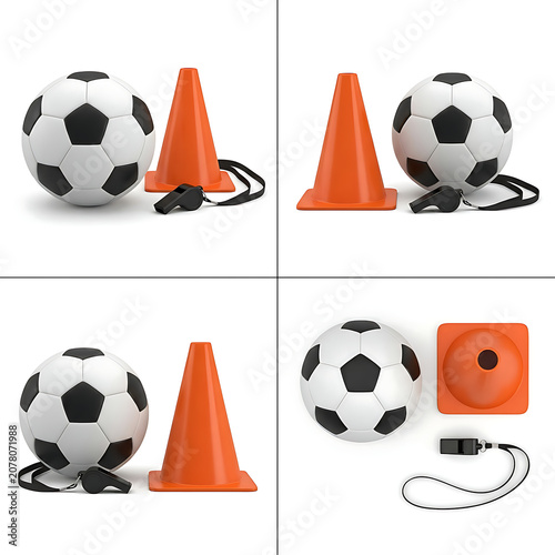 Soccer training equipment set with ball cone and whistle in multiple perspectives football training