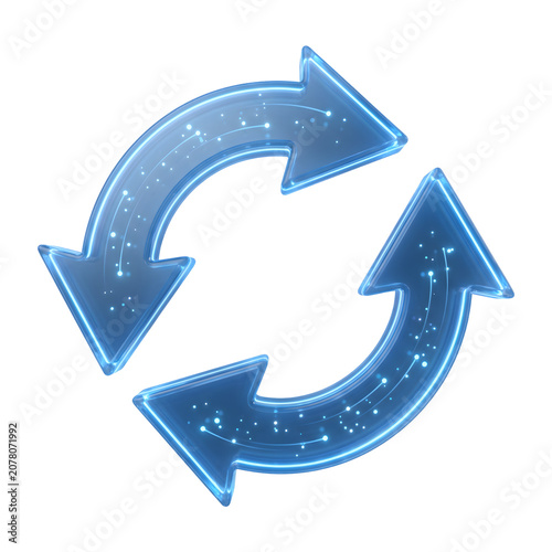 Glowing blue recycling arrows, eco friendly symbol, circular rotation icon, sustainable energy sign isolated on Transparent Background