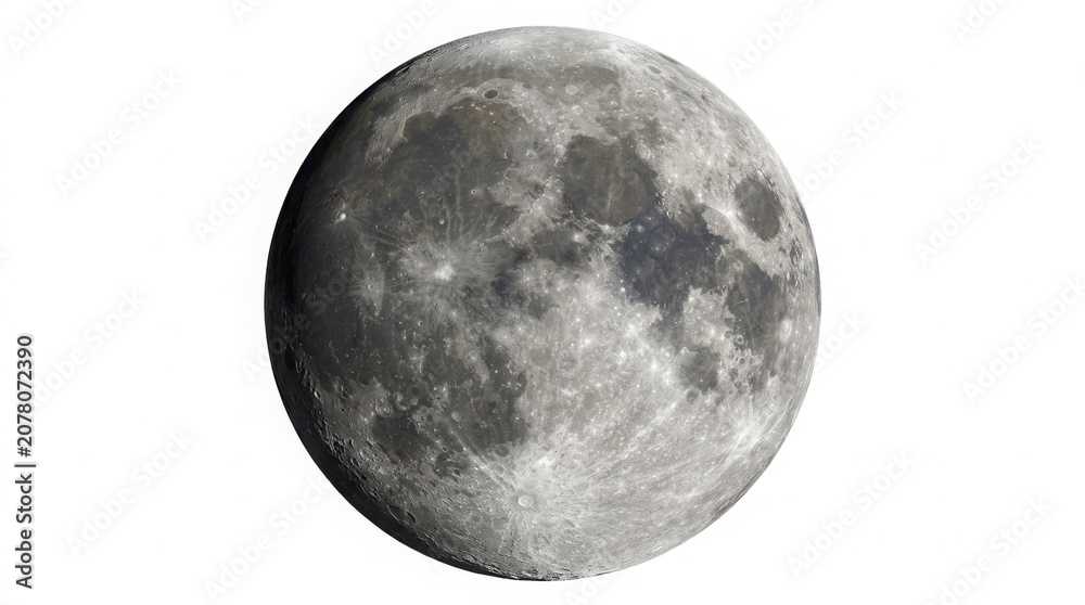 Naklejka premium Detailed View of Moon Surface with Craters and Shadows on White Background