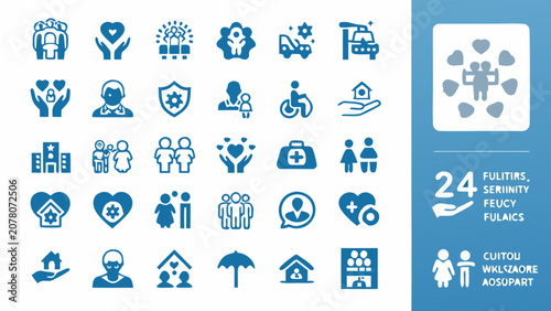 Foto Social Welfare Icons Collection Flat Blue Pictograms Representing Community Supp
