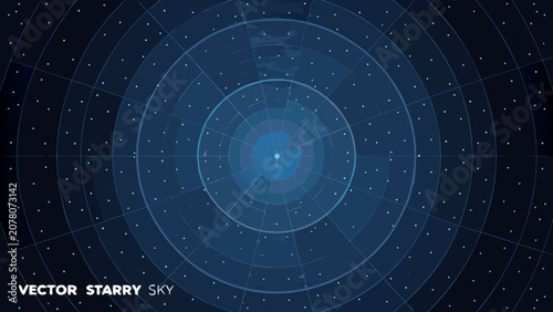 Tableau sur toile Concentric circular arcs and scattered dots create a dark blue vector starry sky