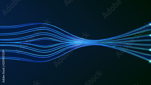 Fotografía Fiber optic style lines converge and diverge against a dark blue background crea