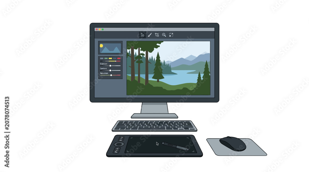 Fototapeta premium Digital Art Creation: Computer, Graphics Tablet, Keyboard, Mouse, Landscape Design