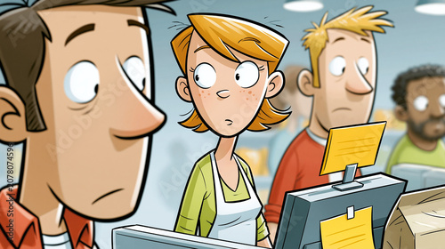 Kollegen stehen ratlos an Kassenterminal im Büro, Comicillustration mit vier Personen