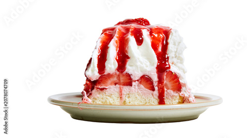 Obraz na plátně Delicious strawberry shortcake with whipped cream and strawberry syrup, isolated