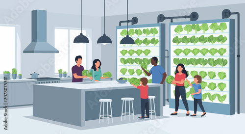 Family and friends gather in a modern kitchen with a vertical garden.