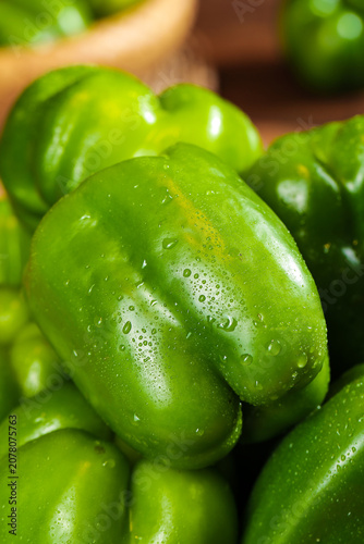 Fresh Green Bell Peppers with Water Droplets at Farmers Market - Healthy Organic Vegetables