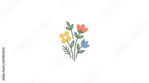 Whimsical Floral Illustration - Minimalist Garden Flowers on White Background