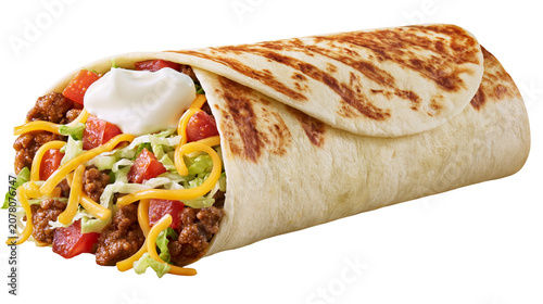 Hearty beef burrito with shredded cheese lettuce tomatoes and sour cream, isolated on transparent background