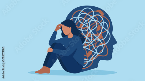 Photos Woman suffering from anxiety and stress, tangled thoughts in her head