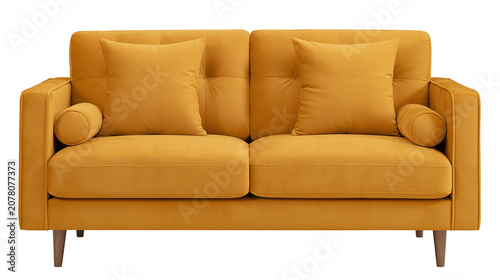 Fotografía Mustard yellow velvet sofa with tufted back and bolster pillows, isolated on tra