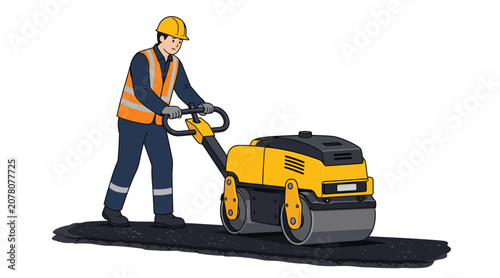 Fotografie Construction worker compacting asphalt with a roller