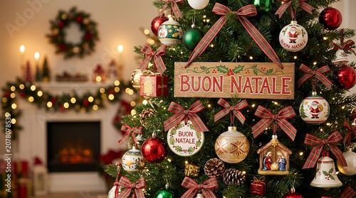 Decorated Christmas tree with Buon Natale sign and ornaments