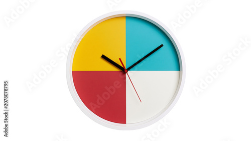 Canvastavla Modern circular wall clock with yellow blue red and white quadrants, isolated on