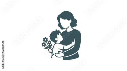Photos Mother Hugging Child with Flowers, Love and Care Symbol