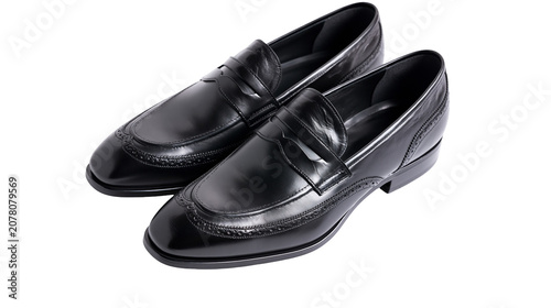 Quadro su tela Polished black leather penny loafers with decorative broguing, isolated on trans