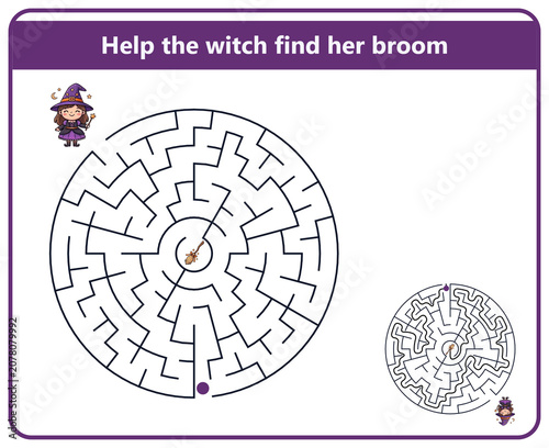 Cartoon witch navigating through maze to find her broomstick  with Halloween theme  