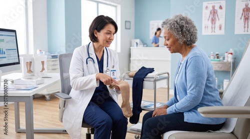 Woman doctor demonstrating compression stocking to senior woman patient during medical consultation. Clinical healthcare service, varicose vein treatment and venous health support concept.