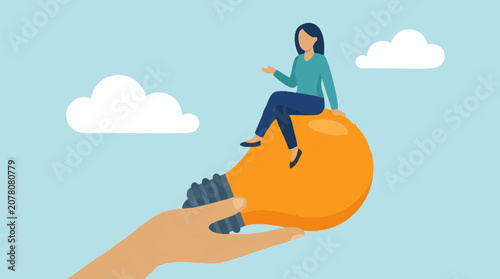 Canvastavla Woman sitting on a lightbulb held by a hand, symbolizing new ideas and innovatio