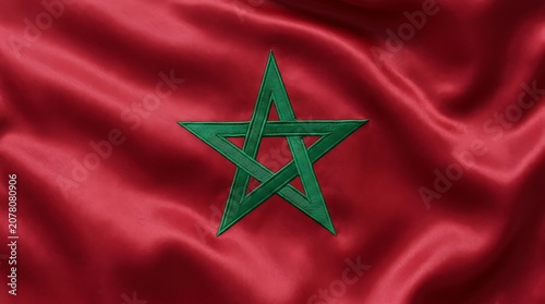 Moroccan Flag Waving on Red Silk Fabric with Green Star Symbol