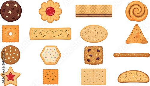 Obraz na plátně Sweet cookies and savory crackers set with chocolate chip wafer pretzel sticks j