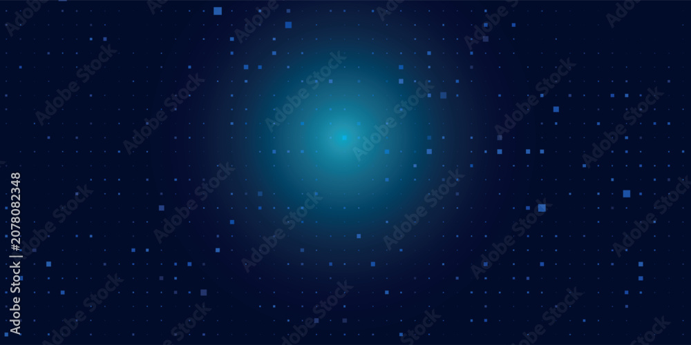 Fototapeta premium Modern navy grid with glowing squares and dynamic lines creates futuristic corporate backdrop for AI and financial technology concepts. Technology digital background