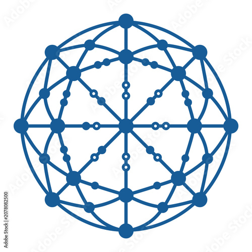 A blue geometric sphere design on a clean white background