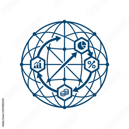 A blue global business network icon on a white background