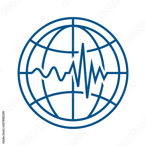 A blue globe icon featuring a central sound wave graphic design
