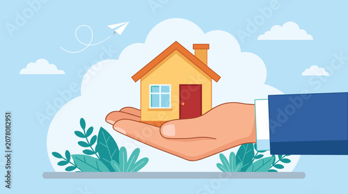 Businessman giant hand holding a small house flat illustration concept for real estate mortgage property insurance or home ownership