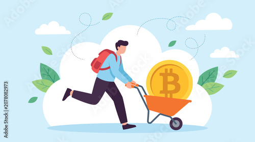 Obraz na plátně Young man running and pushing a wheelbarrow loaded with a giant gold bitcoin coi