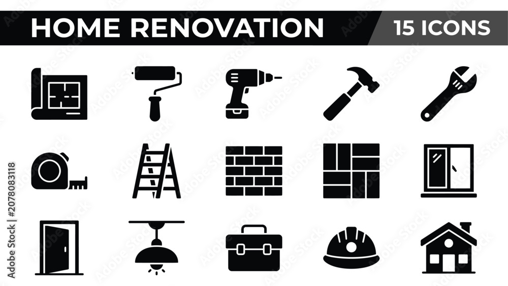 Fototapeta premium Home renovation icons, construction symbols, building signs, 15 black vector graphics