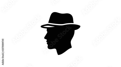 Obraz na plátně Silhouette man wearing fedora hat, profile view, black and white graphic icon
