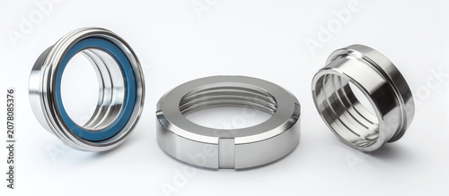 Photos Stainless steel 304 sanitary tri-clamp union set: threaded nut, butt-weld male, and weld female ferrule with blue silicone seal gasket