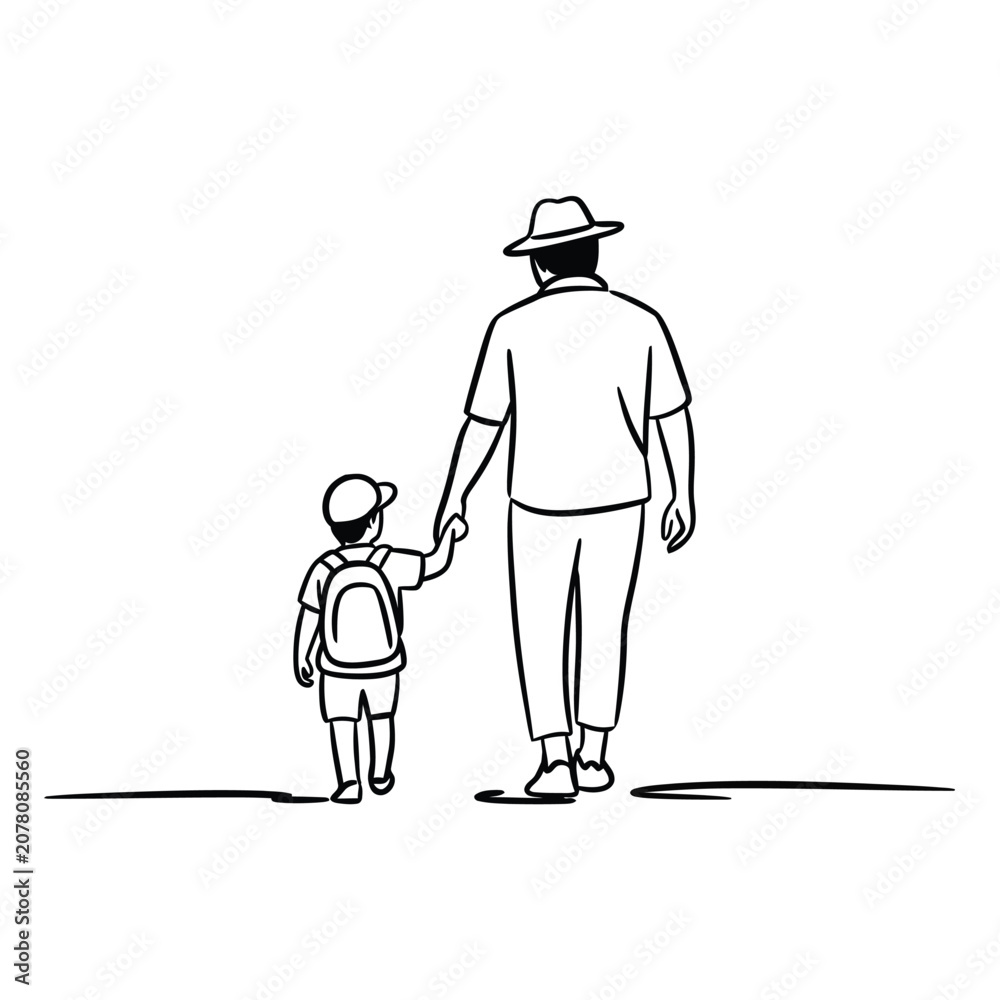 Fototapeta premium Father And Son Walking Silhouette Black And White Line Art