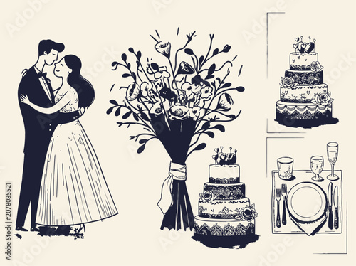 Elegant Wedding Collection Couple Embrace, Bouquet, Cake, and Table Setting Illustration