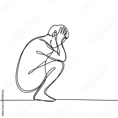 Tableau sur toile Depressed person outline single line drawing on white background