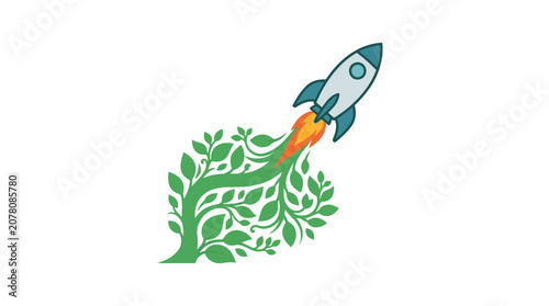 Visually representing sustainable innovation and future growth, this graphic illustrates a green plant evolving into a powerful launching rocket