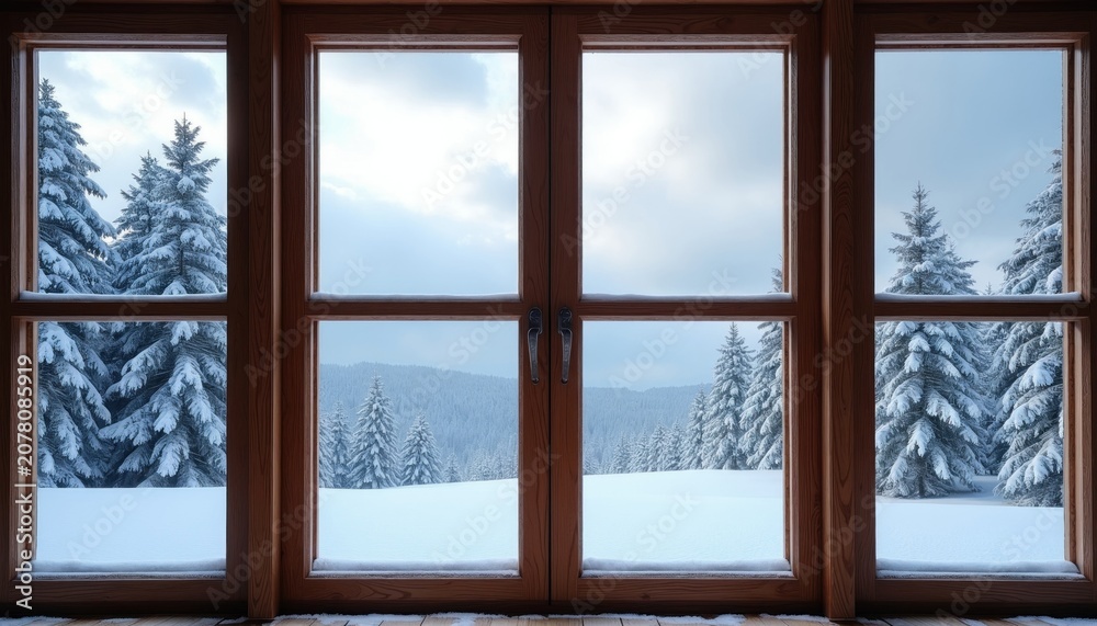 Obraz premium Wooden window panes look out onto snowy forest landscape. Pine trees covered in snow under cloudy winter sky. Peaceful scene viewed from indoors.