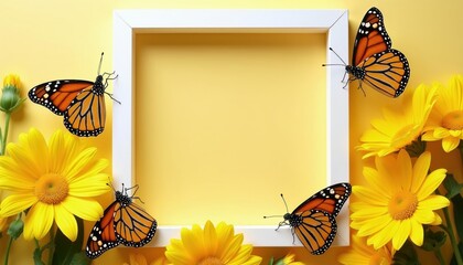 Monarch butterflies fly around yellow daisies near a white frame. Bright pastel garden setting with sunny yellow background provides space for text or design elements.