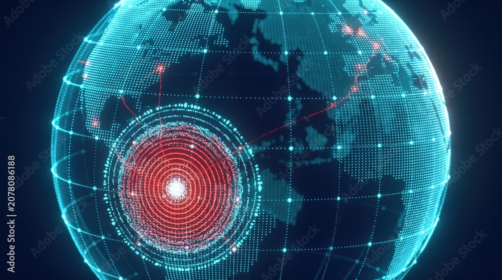 Obraz premium Cyan dot-matrix earth globe with red concentric target rings, global cyberattack